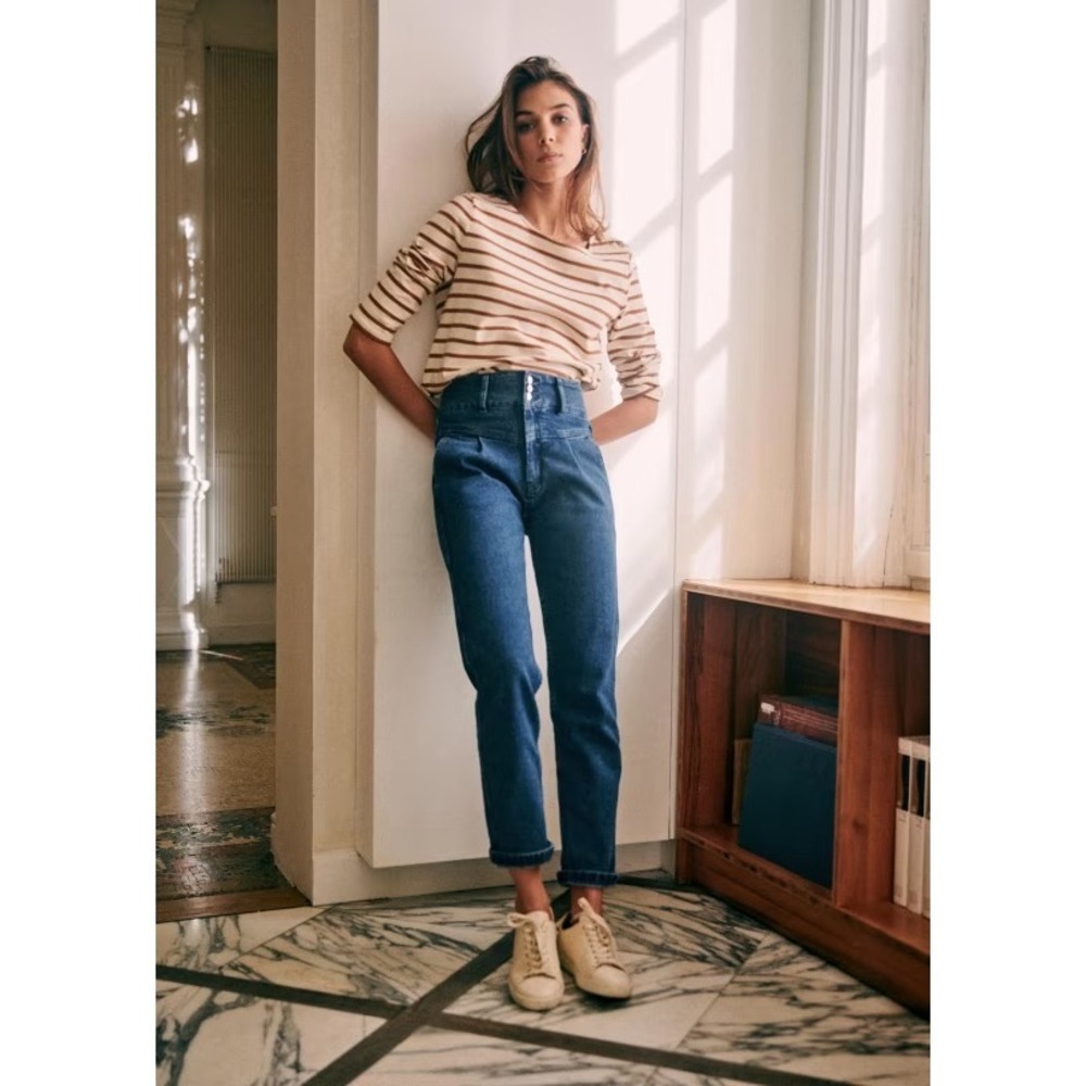 Sezane Sama Trousers Sz 34 Indigo Blue Denim Jeans High Waist Tapered Leg French
